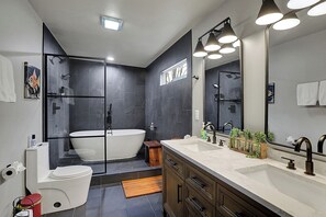 Shower, eco-friendly toiletries, hair dryer, towels