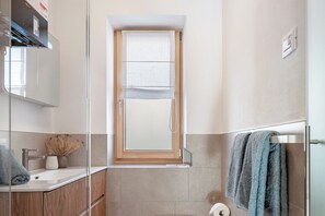 A bathroom with a shower, a sink, a mirror, and a towel rack. - Apartment 'Jan's  Am See' with Lake View, Balcony and Wi-Fi (Pracupola)