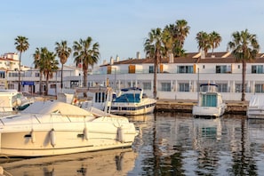 A marina with boats docked, palm trees, and a white building with balconies.
