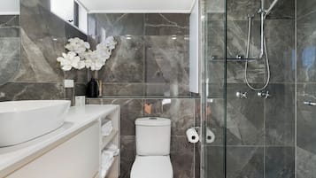 Shower, hair dryer, towels, toilet paper