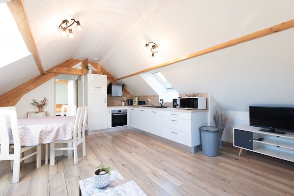 Un appartement moderne de style « loft » comprenant une cuisine, un coin repas et un téléviseur.
