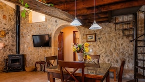 Un interior rústico con pared de piedra, muebles de madera, chimenea y televisor.