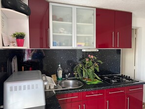 Fridge, microwave, oven, stovetop