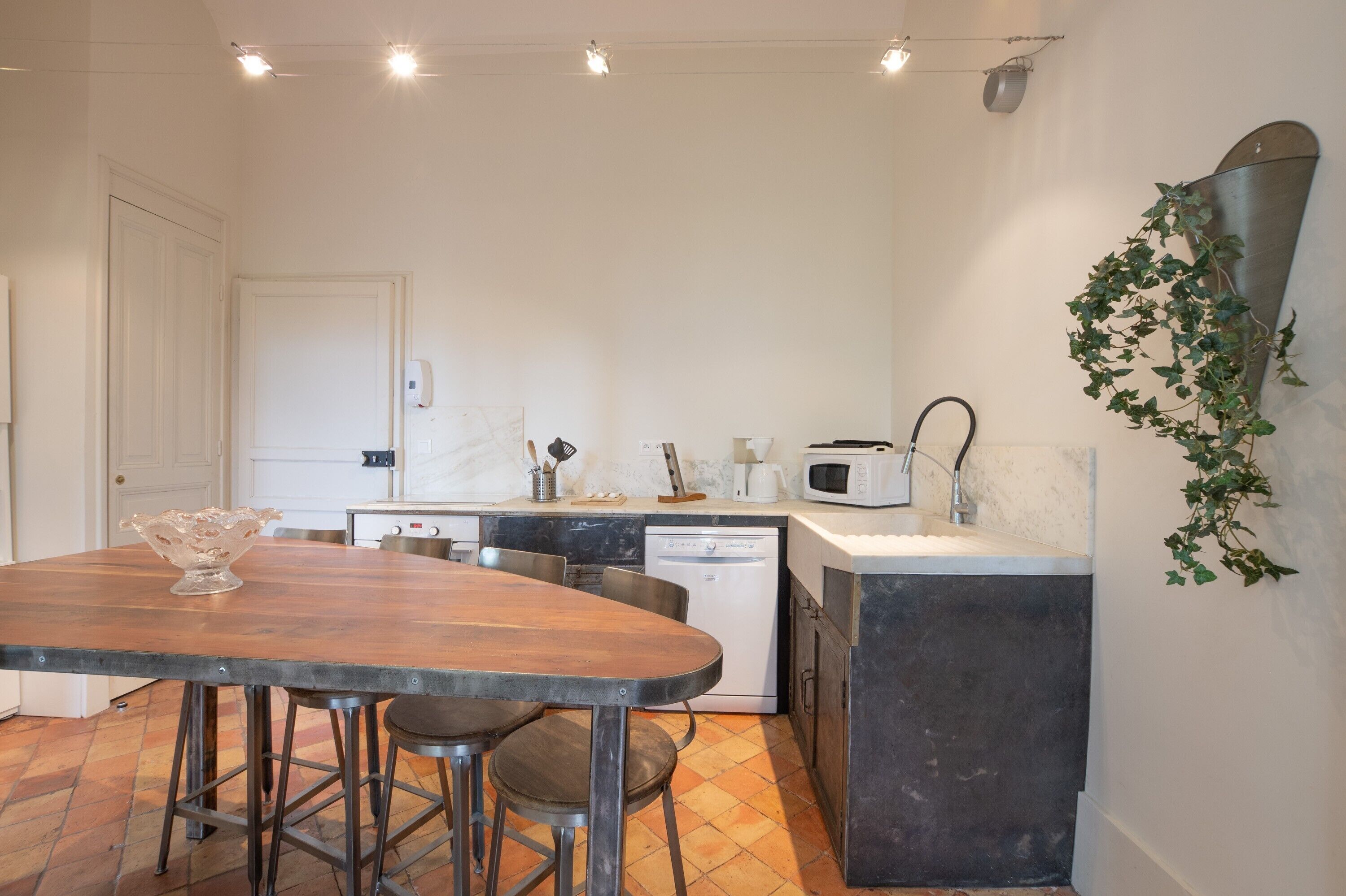 Een keuken met een houten tafel, barstoelen, een vaatwasser, een magnetron en een hangplant.
