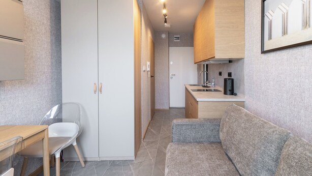 A compact living space with a kitchenette, a sofa, a dining table with chairs, and a wardrobe. - Reymonta 24 Studio with FREE PARKING (Katowice)