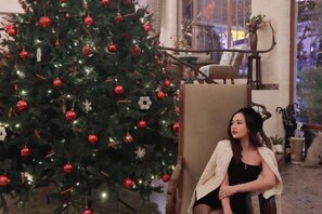 Una habitación con un árbol de Navidad, una silla y una ventana con vistas.