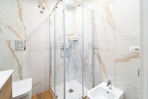 Shower, hair dryer, bidet, towels