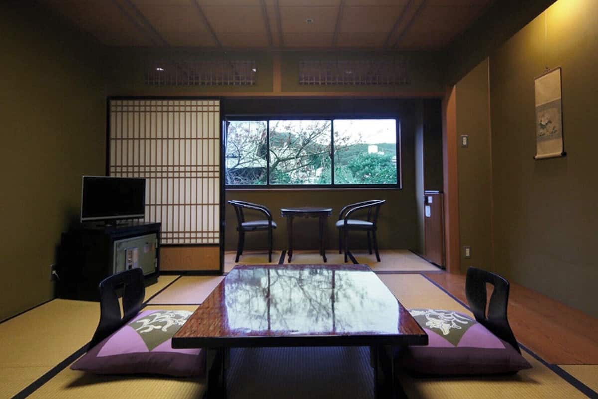 Une pièce de style japonais traditionnel, avec un sol recouvert de tatamis, une petite table basse avec des coussins, un téléviseur et une fenêtre donnant sur la verdure.