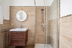 Shower, hair dryer, bidet, towels