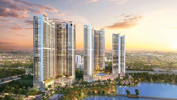 A high-rise residential building complex with multiple towers, surrounded by greenery and a body of water. - Sunny - Vinhomes Skylake Residences (Hanoi)