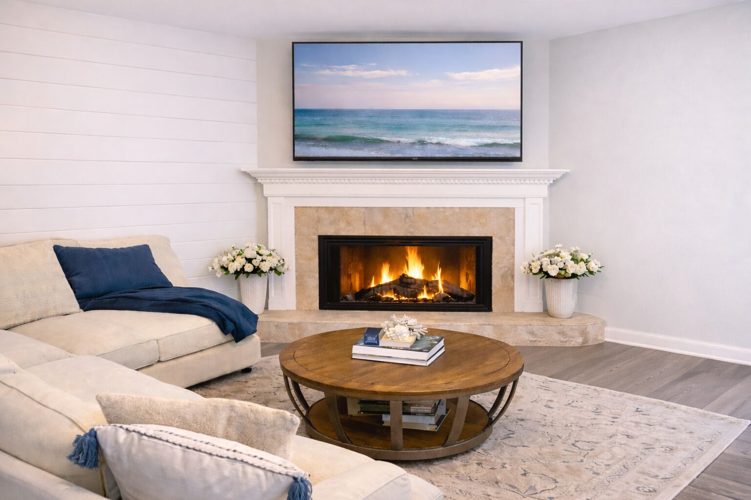 Smart TV, fireplace, DVD player, books