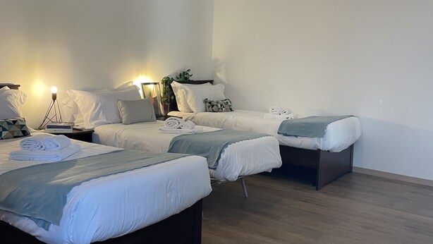 A hotel room with two single beds, a nightstand with a lamp, and a small table with a plant. - Bnbook Trilo Buonarroti Pero (PERO)