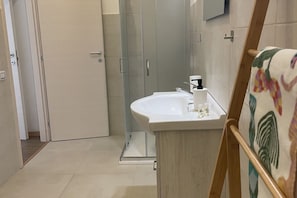 Shower, hair dryer, bidet, towels
