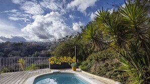 A swimming pool with a metal ladder, surrounded by lush greenery and a view of a hillside with buildings. - Villa Bellevue by Interhome (Saint Paul de Vence)