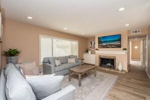 Smart TV, fireplace, DVD player, books