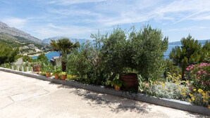 A coastal garden with potted plants and flowers, a concrete pathway, and a view of the sea and mountains in the background. - Cozy apartment in Omis with lake view (Omis)
