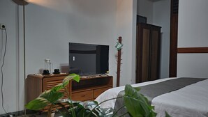 A bedroom with a bed, a television on a wooden dresser, a floor lamp, and a potted plant.