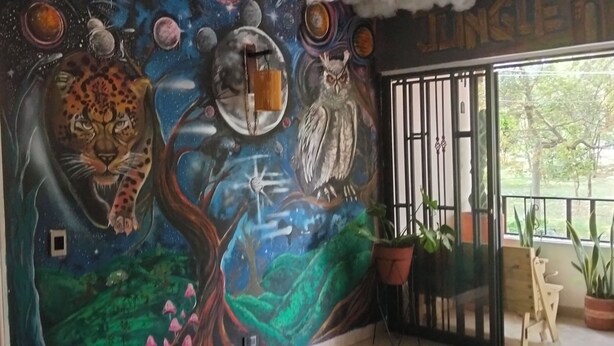 Une pièce ornée d’une fresque représentant un léopard et un hibou perché sur un arbre, avec une fenêtre grillagée et des plantes en pot.