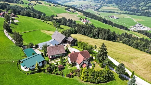Un paysage rural avec un groupe de maisons entourées de champs verdoyants et de montagnes en arrière-plan.