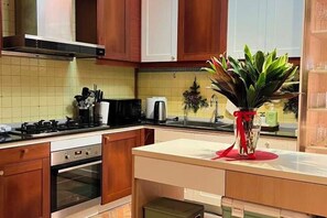 A kitchen with wooden cabinets, a gas stove, an oven, and a sink. There is a potted plant on the counter. - Luxurious Living by the River Hannah Villa (Chiang Mai)