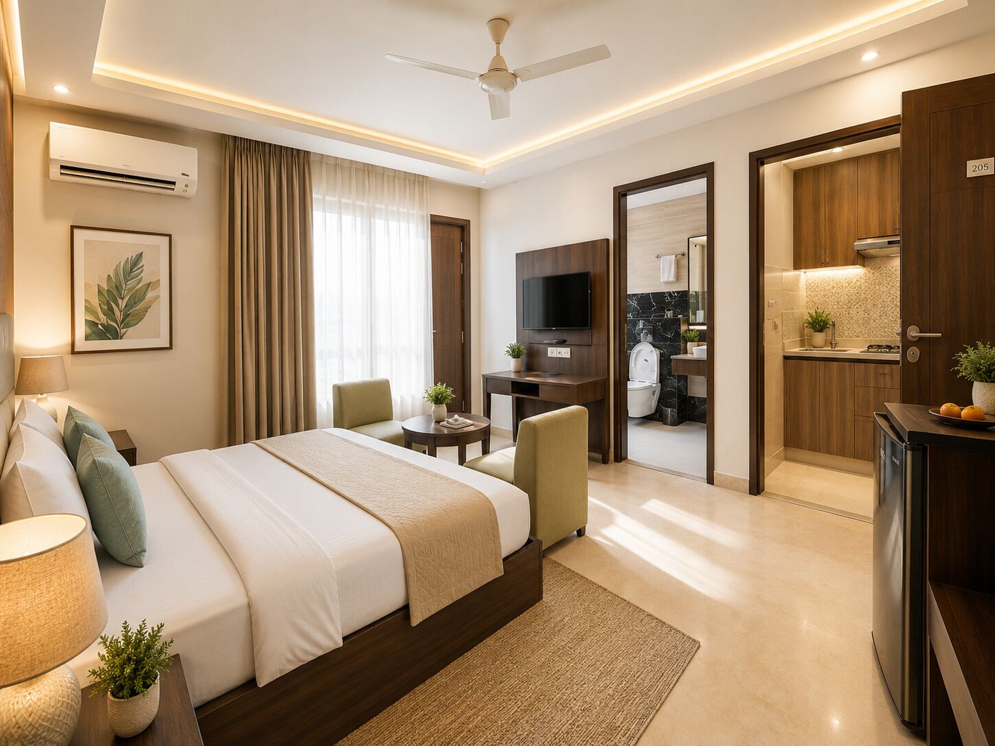 A modern hotel room with a bed, bedside table, TV, and a view into the bathroom.