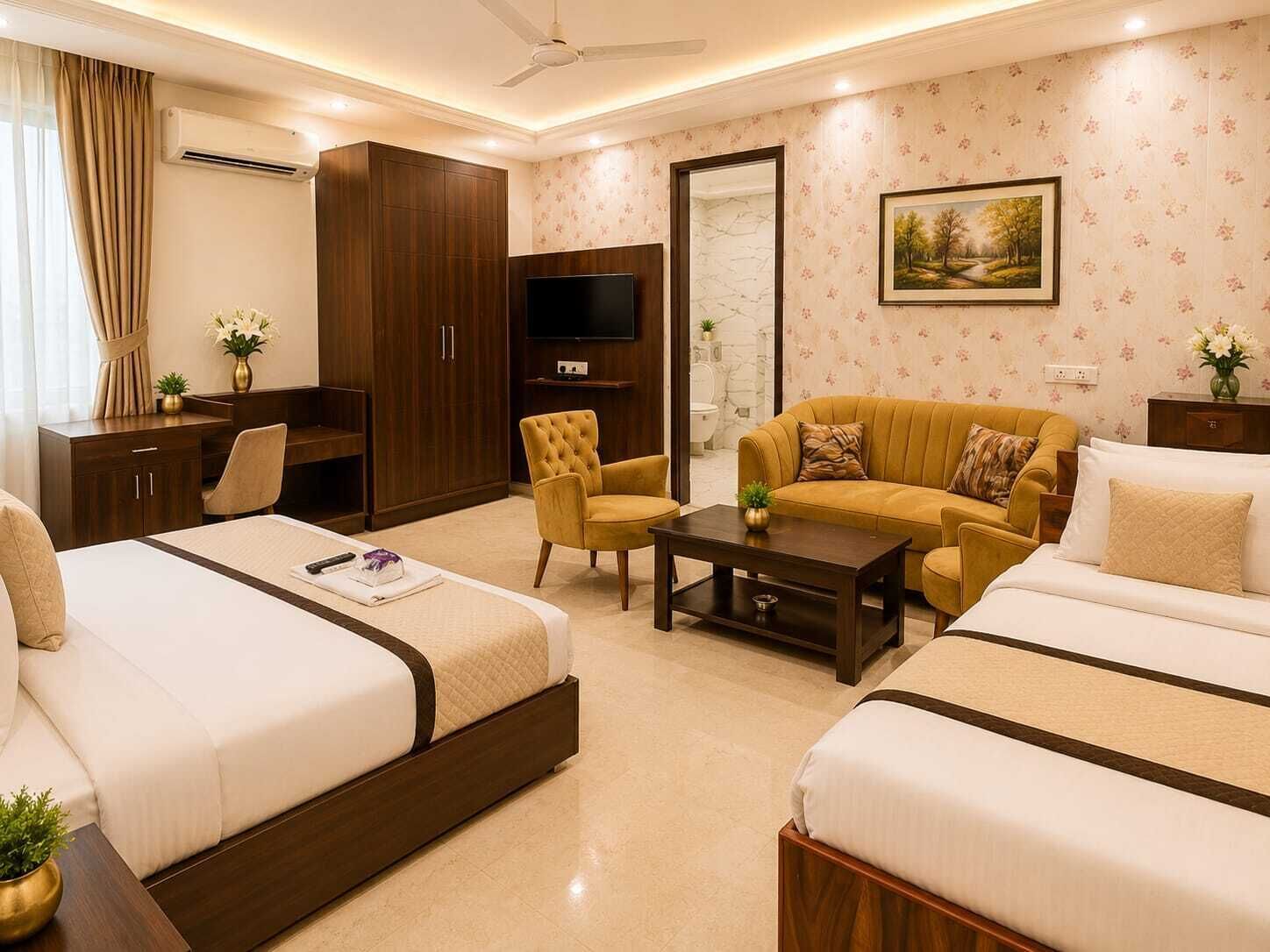 Habitación de hotel con dos camas, un sofá, un escritorio, un televisor y un baño visible a través de una puerta.
