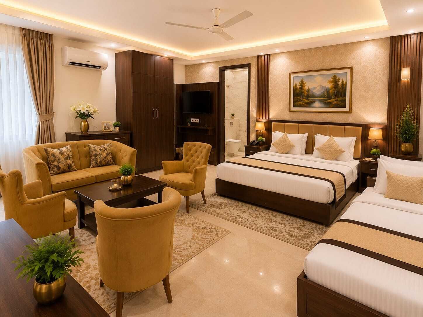 A hotel room with a sofa, armchairs, a coffee table, a bed with a headboard, a painting on the wall, and an air conditioning unit.