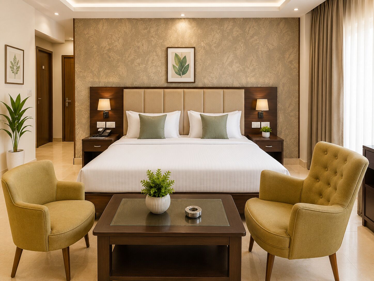 Une chambre d’hôtel avec un grand lit, deux tables de chevet avec des lampes, une petite table avec une plante et deux fauteuils.