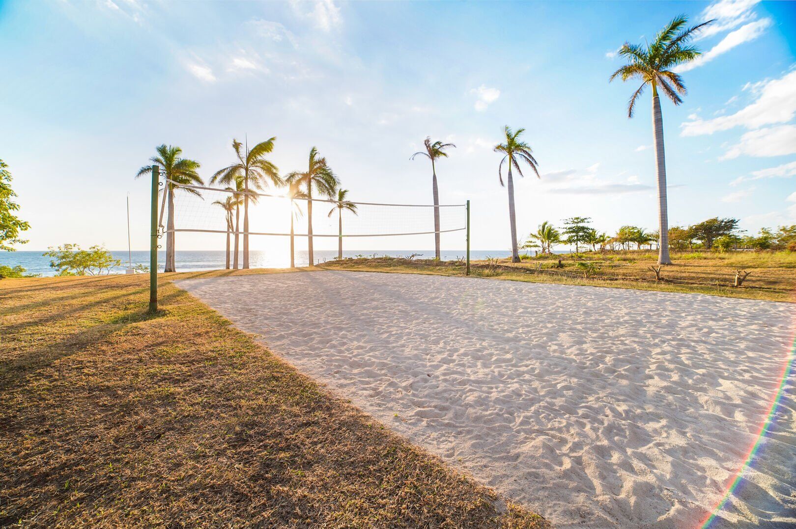 Ein Beachvolleyballfeld mit Netz, umgeben von Palmen und blauem Himmel.