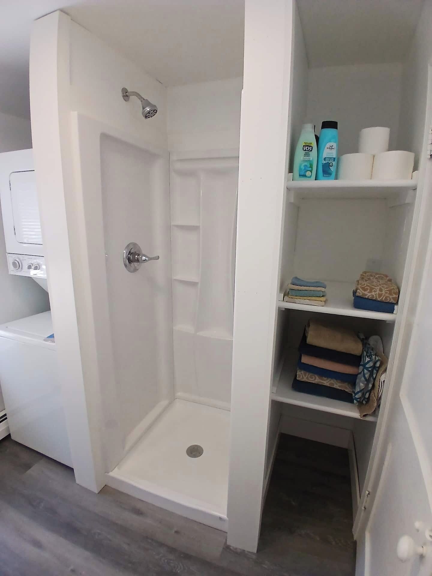 A bathroom with a shower, toilet, and storage shelves with toiletries.