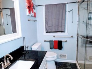 Shower, hair dryer, towels, soap