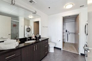 Hair dryer, towels, soap, shampoo