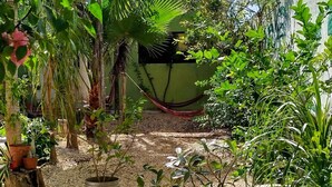 Un jardin agrémenté de plantes en pot, d’un hamac et d’un chemin en béton.