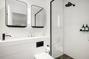 Shower, free toiletries, hair dryer, towels