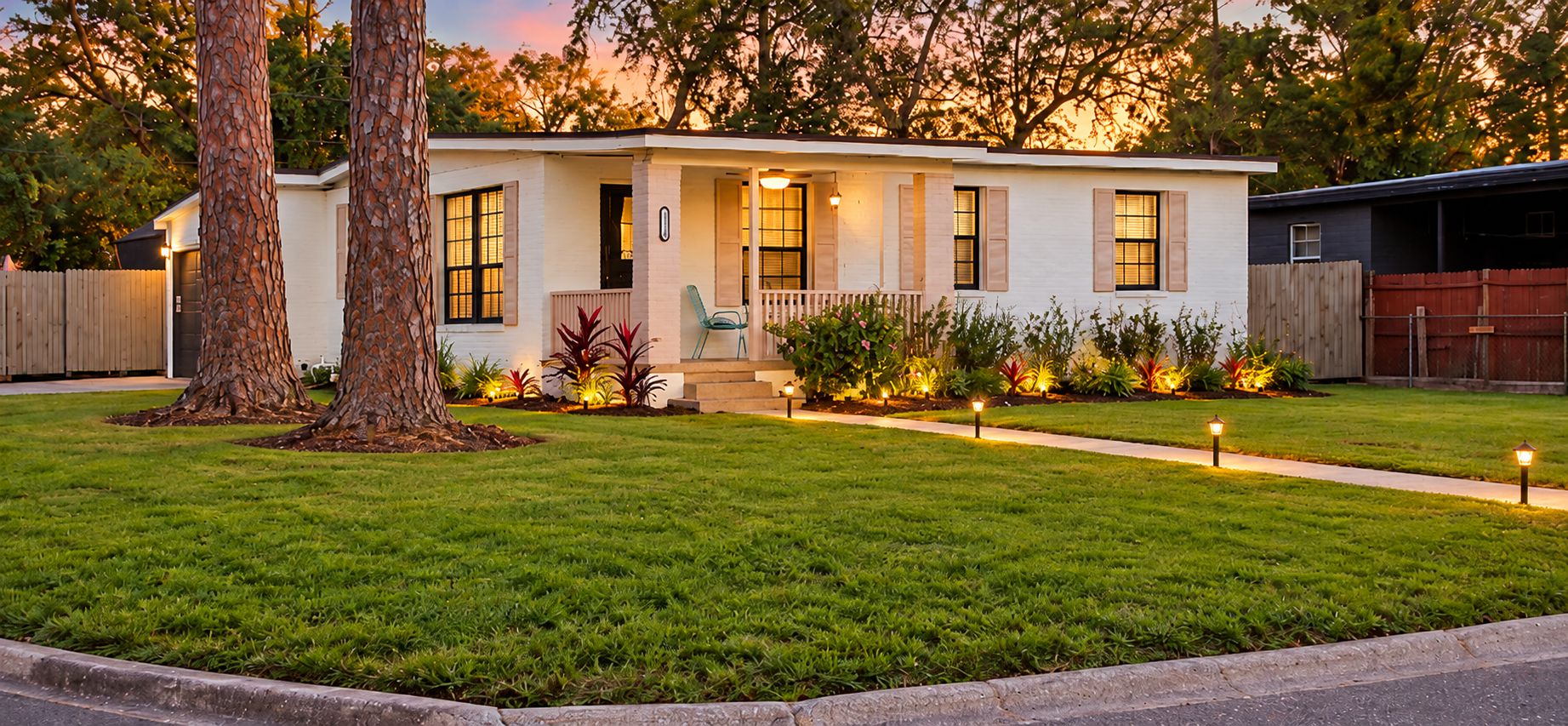 A single-story house with a front porch, a lawn, and a wooden fence.