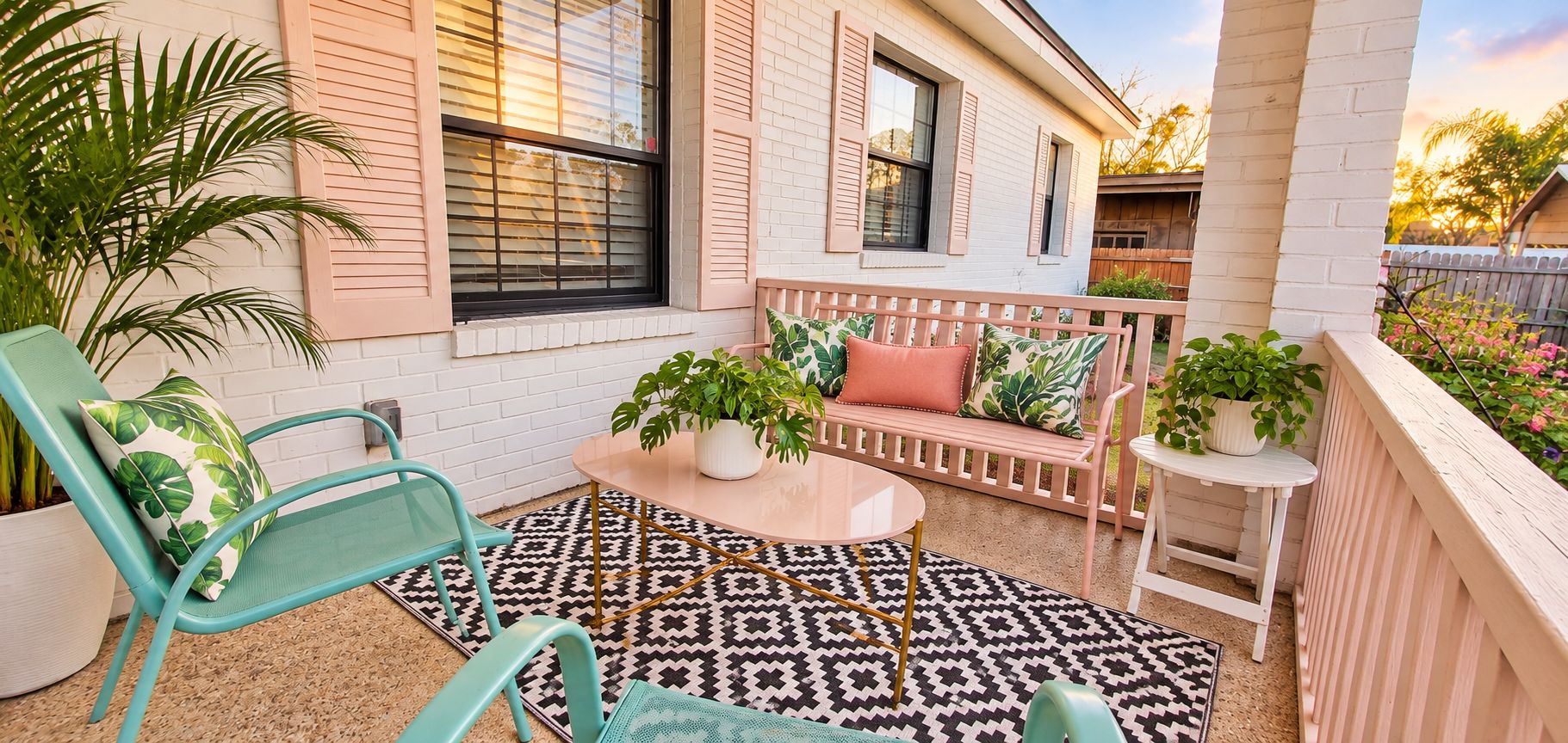 A patio with a round table, two chairs, a bench, and potted plants.