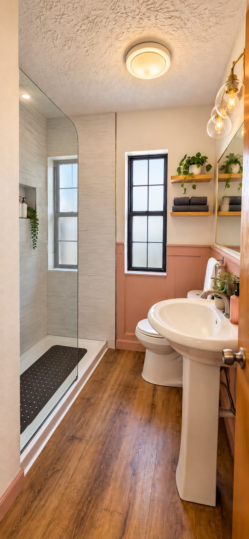 Une salle de bain moderne avec une douche à parois de verre, des toilettes, un lavabo et une fenêtre.