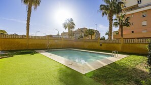 A swimming pool with a tiled deck, surrounded by a low brick wall and palm trees.