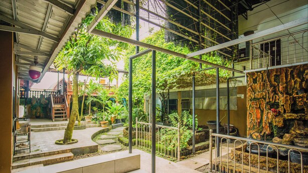 Un jardin intérieur comprenant diverses plantes, un escalier et une rambarde en métal.