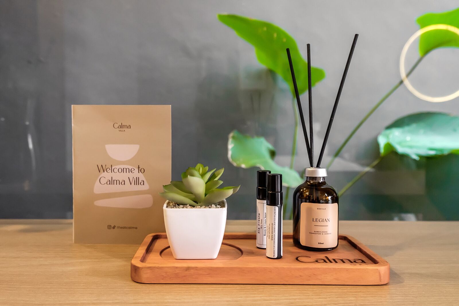 A wooden tray with a potted succulent, two black bottles, and a diffuser with reed sticks on it, placed in front of a 'Calma Villa' welcome sign.