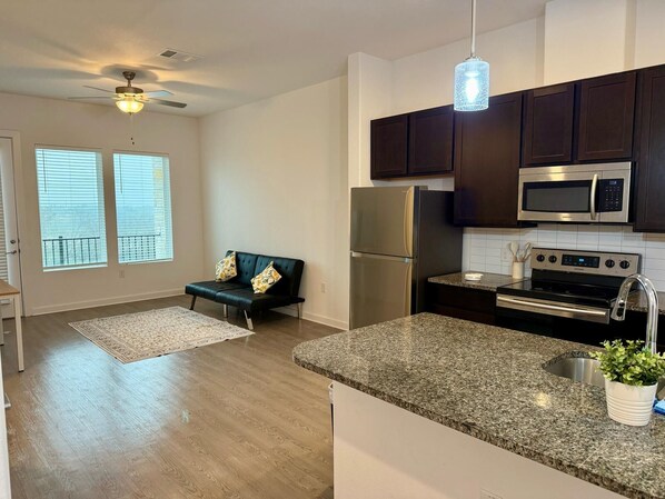 Fridge, microwave, oven, stovetop