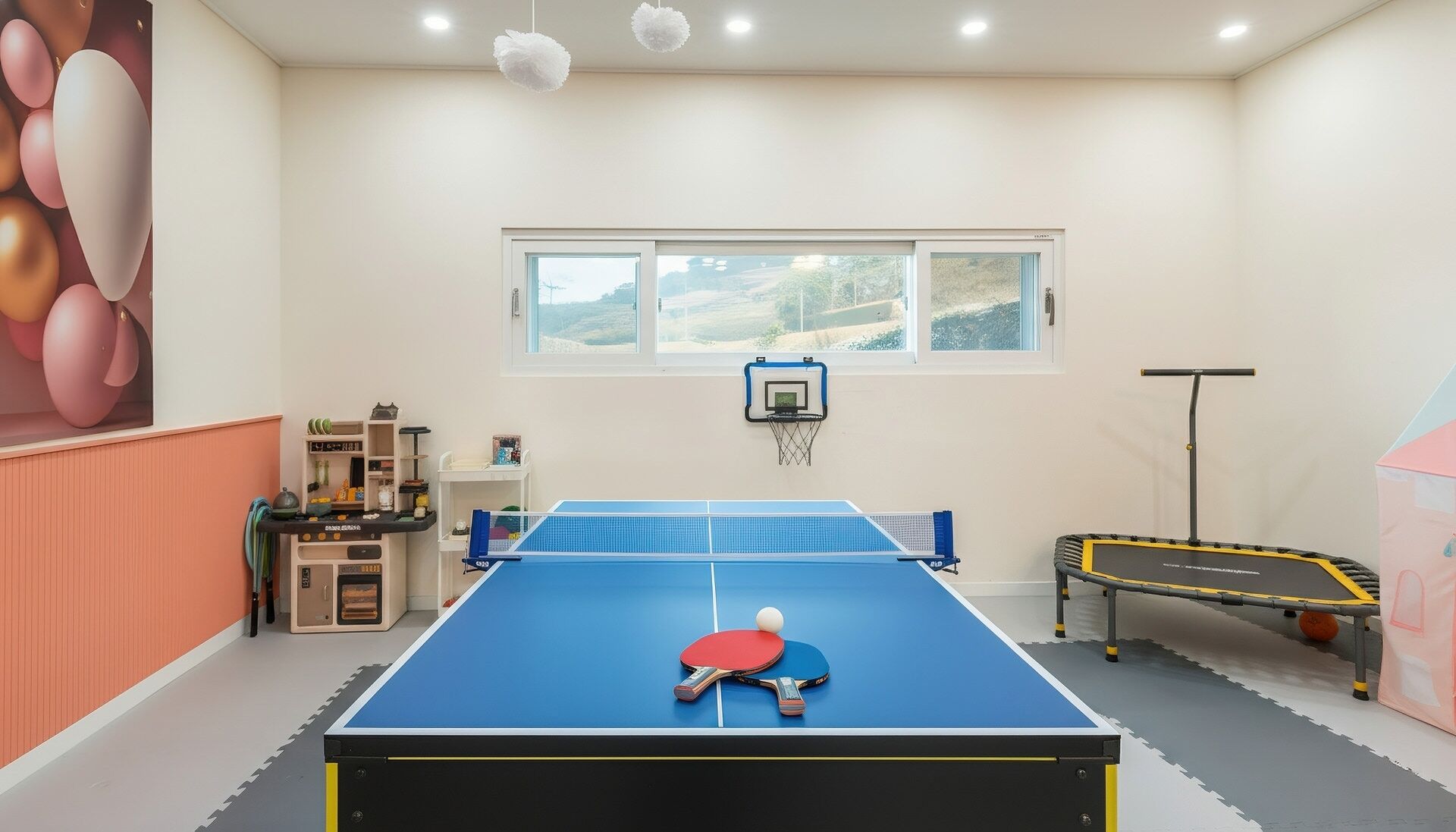 Una habitación con mesa de ping pong, aro de baloncesto y cama elástica.