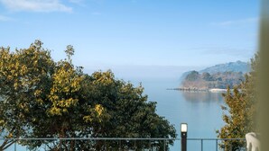 A coastal view with dense foliage in the foreground and a calm sea in the background. - Yeosu La Rosa Private Pool Villa Pension (Yeosu)