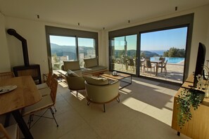 Smart TV, lareira, livros, aparelho de som