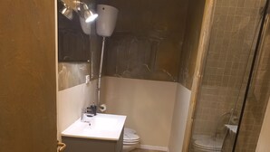 A narrow bathroom with a white sink, a toilet, and a glass shower enclosure. - Premium quadruple room Vatican  (Roma)