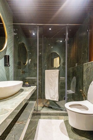 Chambre Double Premium | Salle de bain | Douche, sĂšche-cheveux, serviettes fournies, savon