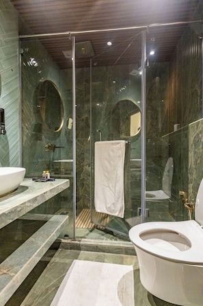 Ducha, secador de pelo, toallas, jabón