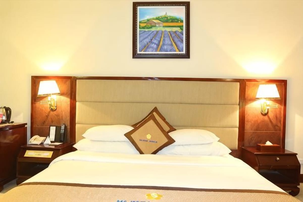Una camera d'albergo con un letto grande, due lampade sui comodini, un comodino con un telefono e un quadro appeso al muro.
