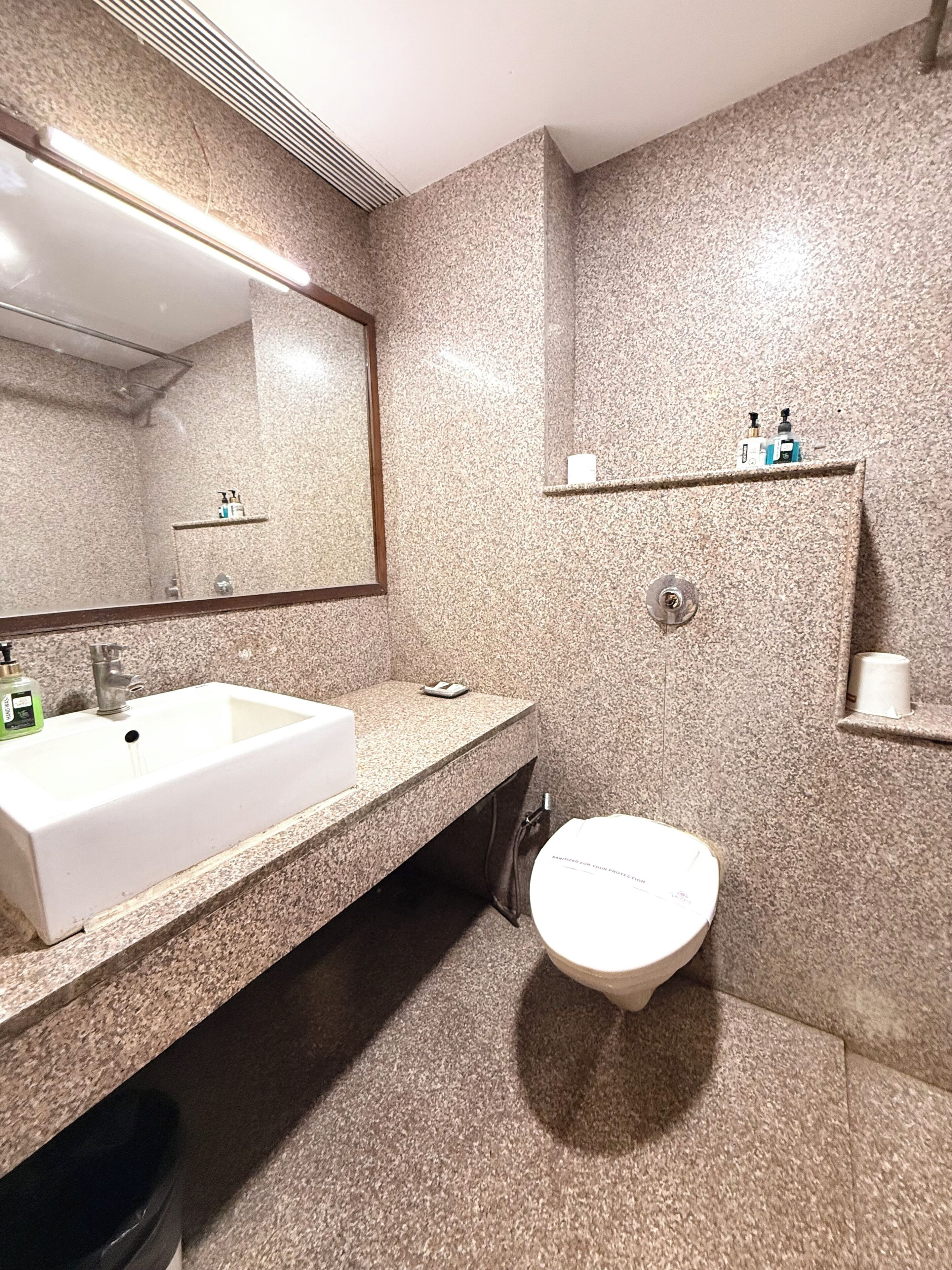 A bathroom with a white sink, a mirror, a toilet, and a shower.