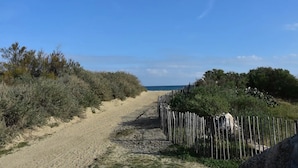 A sandy path leading to a beach, flanked by dense shrubbery and a wooden fence. - Joli studio face à la mer avec accès direct (Saint-Cyprien)